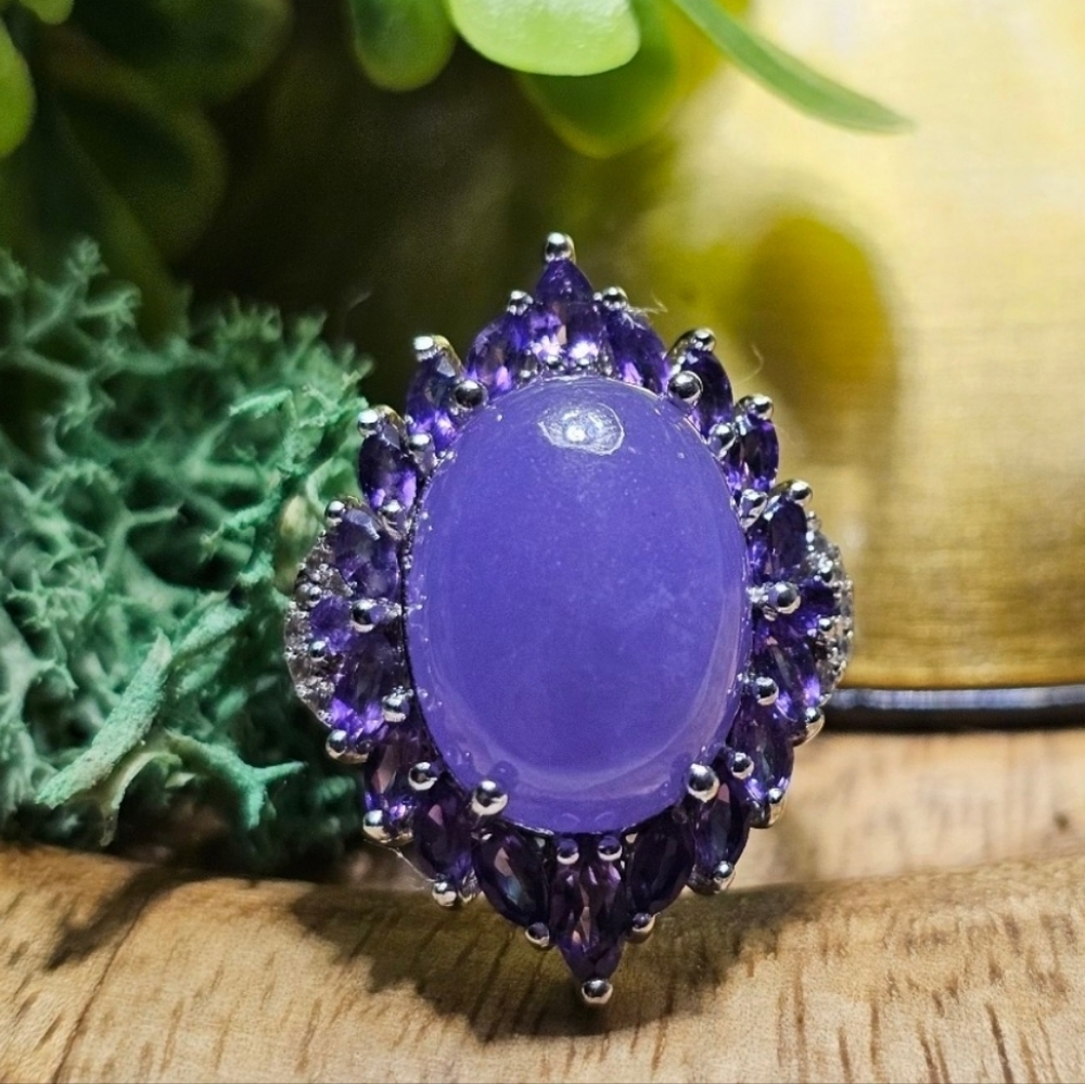 Burmese Purple Jade & African Amethyst Halo Silver Cocktail Ring 12.6 CTW Size 8 - Picture 4 of 4